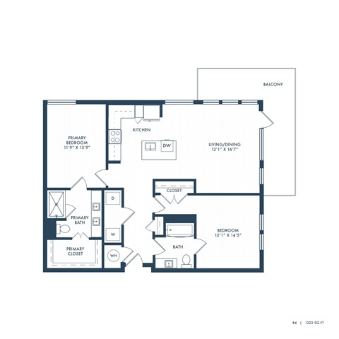 Floor plan for 2 beds, 2 baths, 1222 sqft